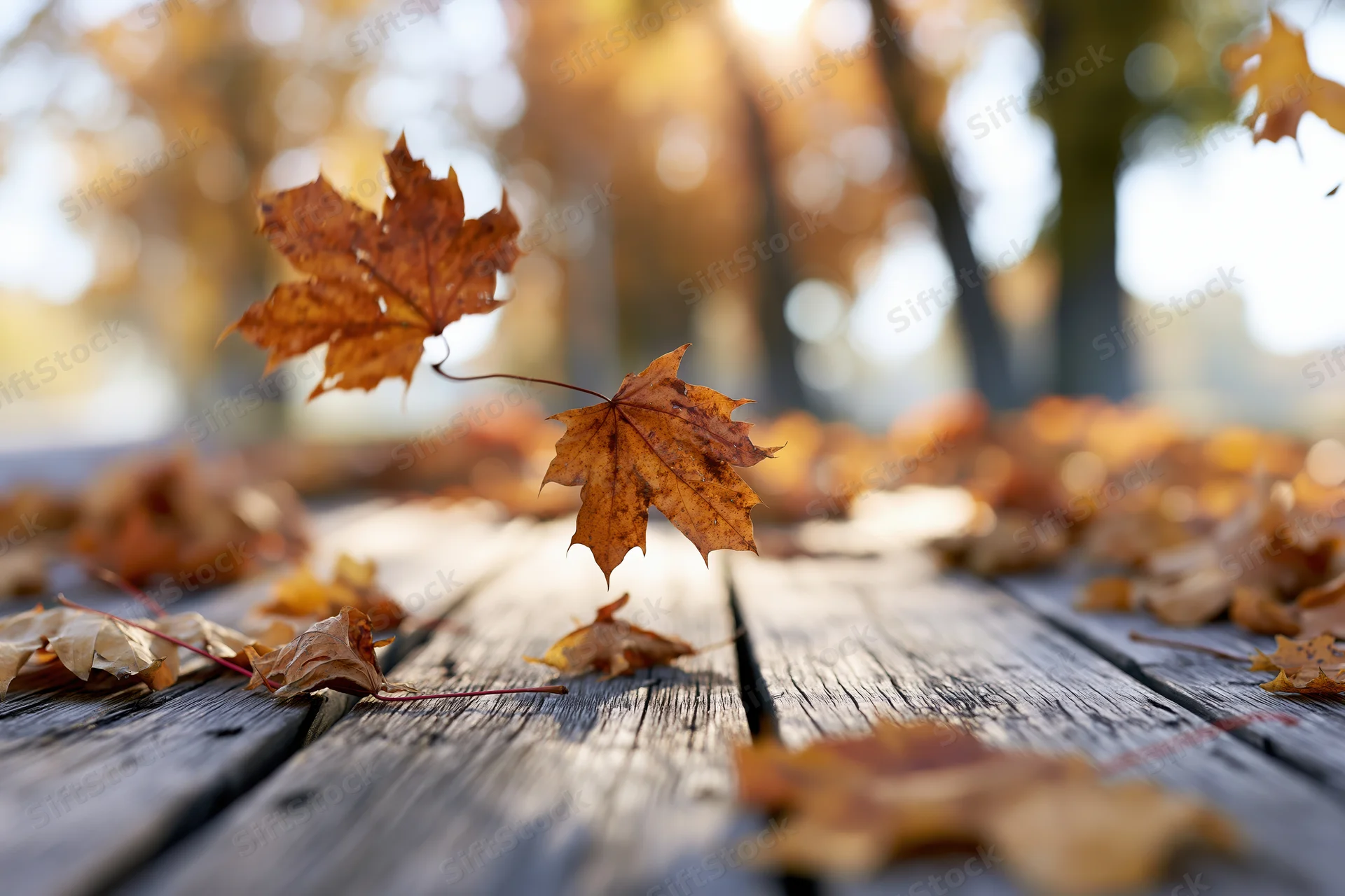 Autumn maple leaves falling and scattered across a weathered wooden deck