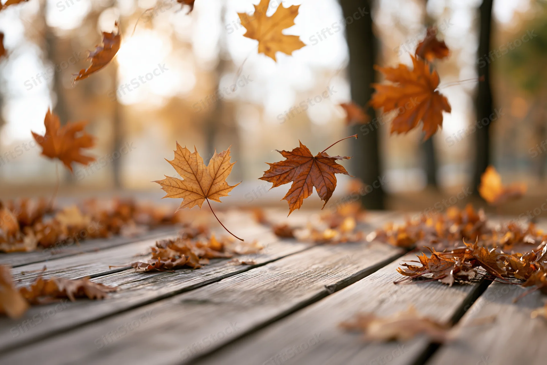 Maple leaves falling and scattered across a weathered wooden deck in autumn
