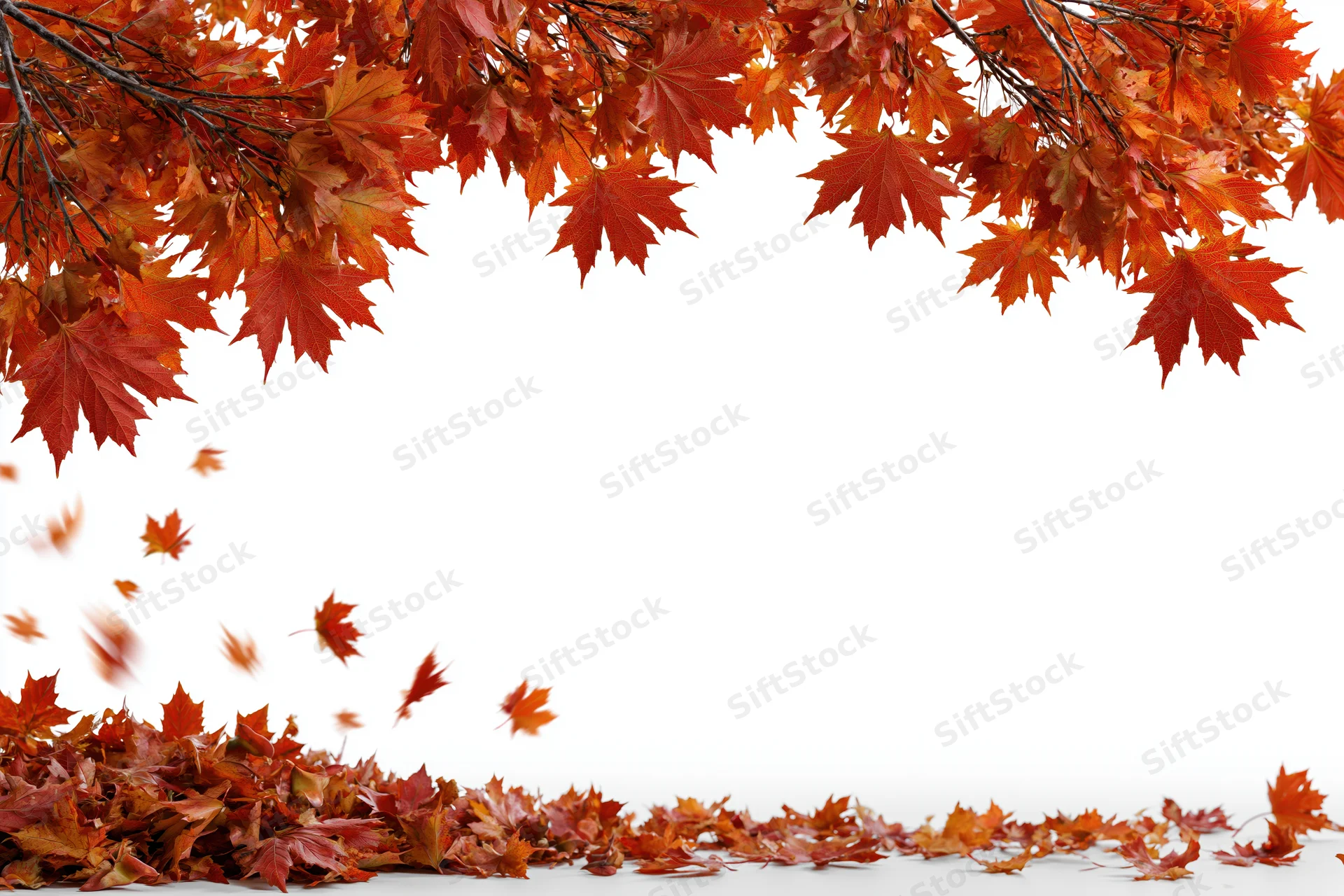 Maple leaves falling and scattered on white background with branches overhead