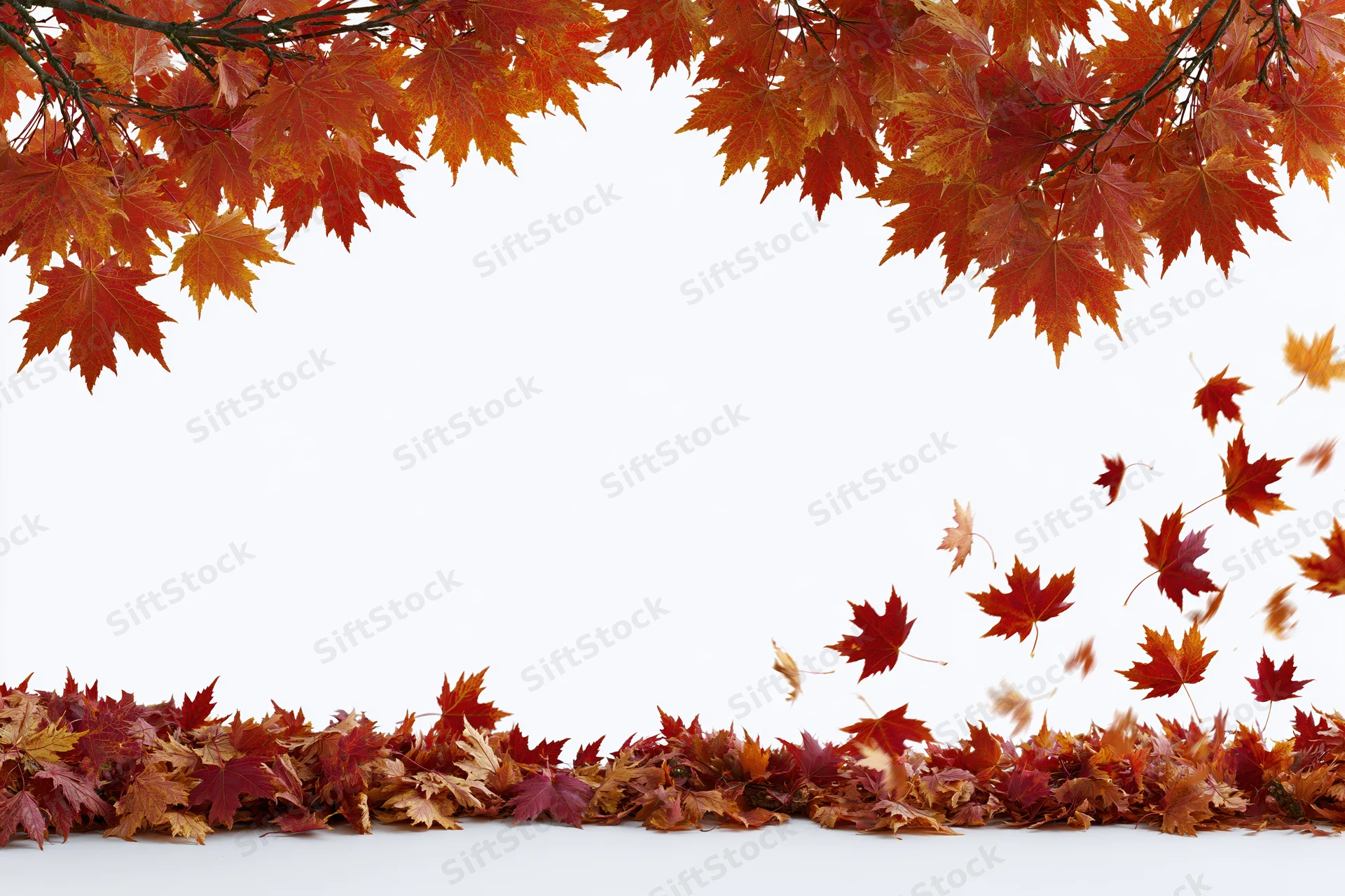 Maple leaves falling and scattered across white background with frame of branches above and carpet below
