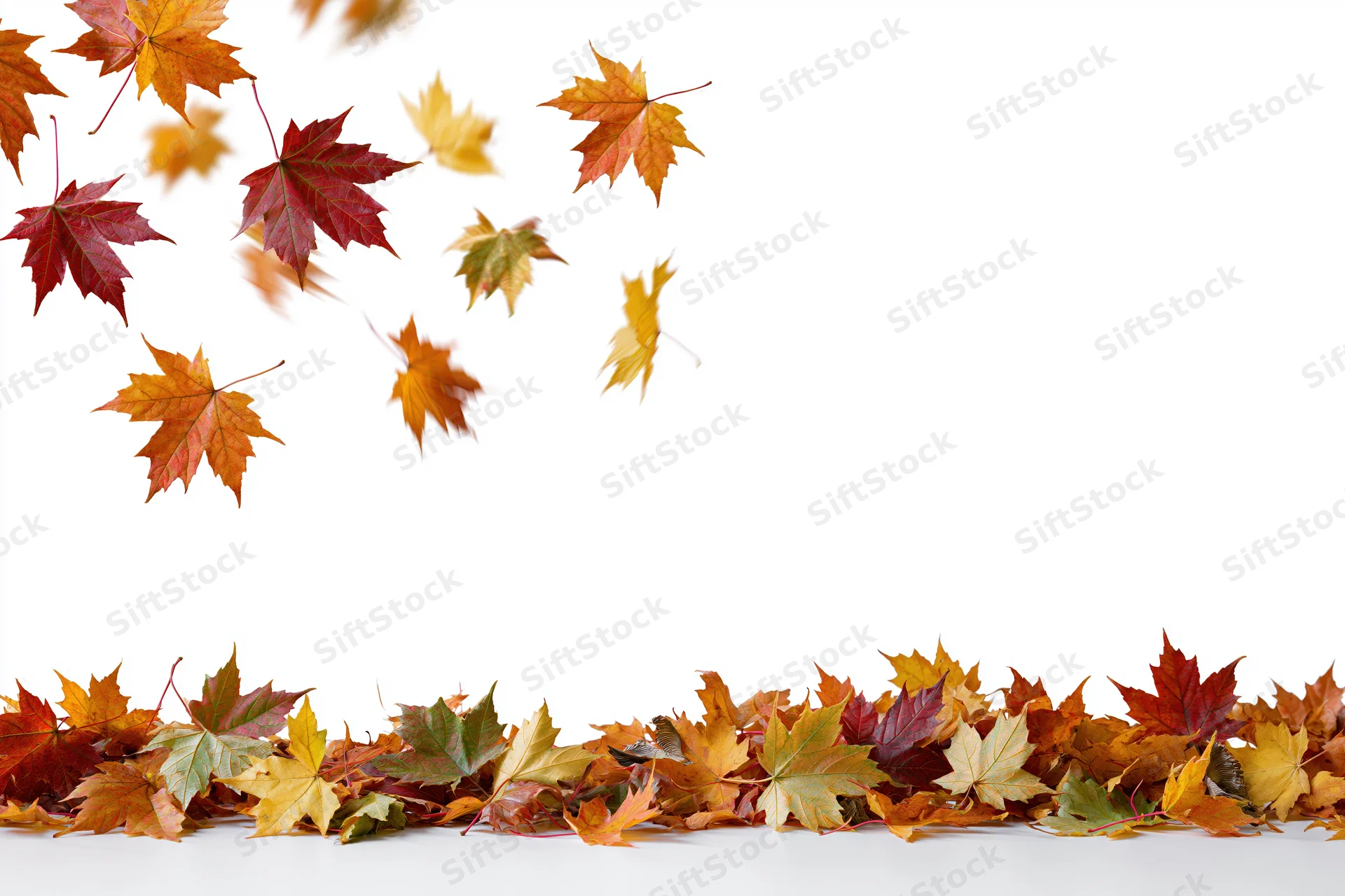Maple leaves falling and scattered midair above a pile on white background