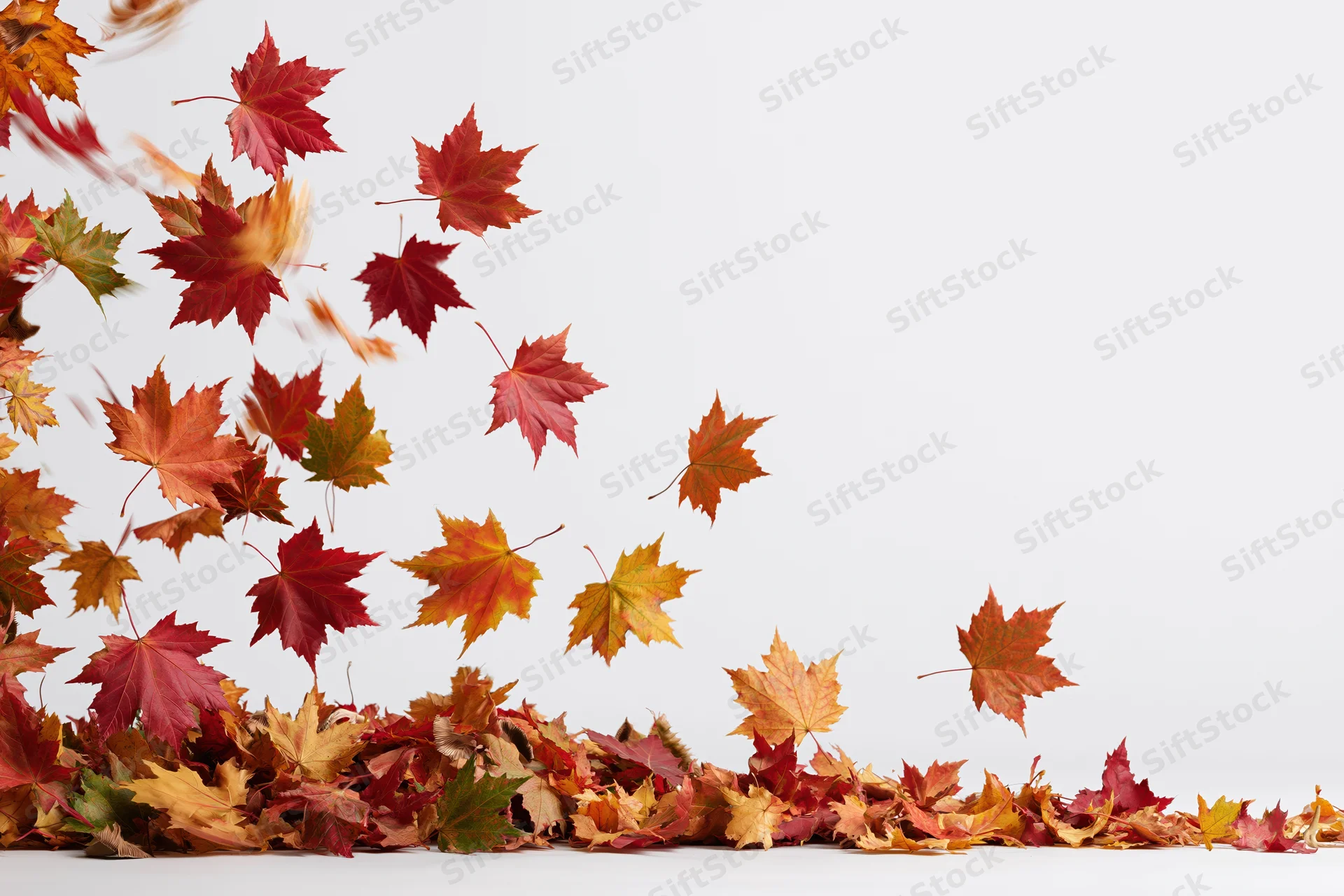 Maple leaves falling and scattered midair over a white background with a pile on the ground