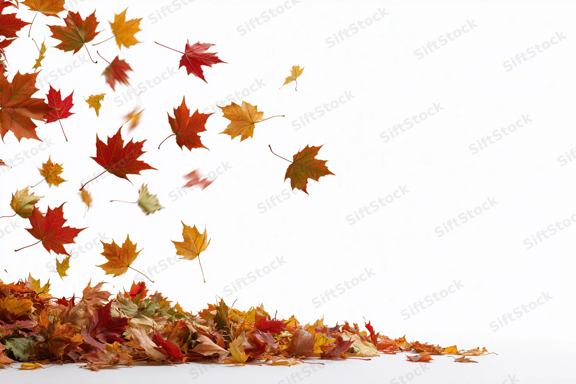 Maple leaves falling and scattered midair above a pile on the ground against white background