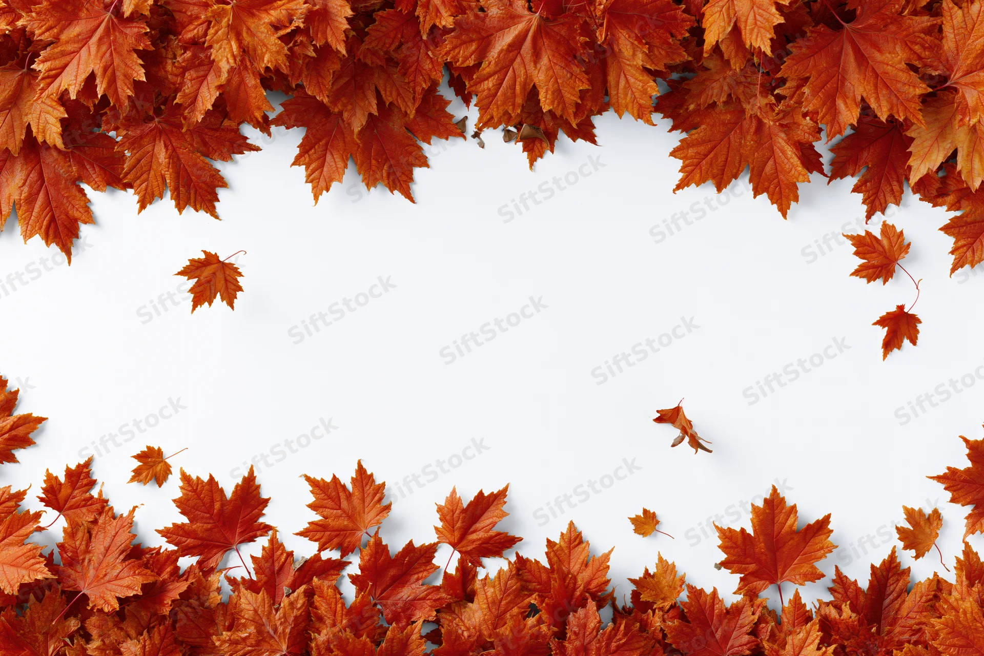 Autumn maple leaves arranged in a border frame on white background with copyspace