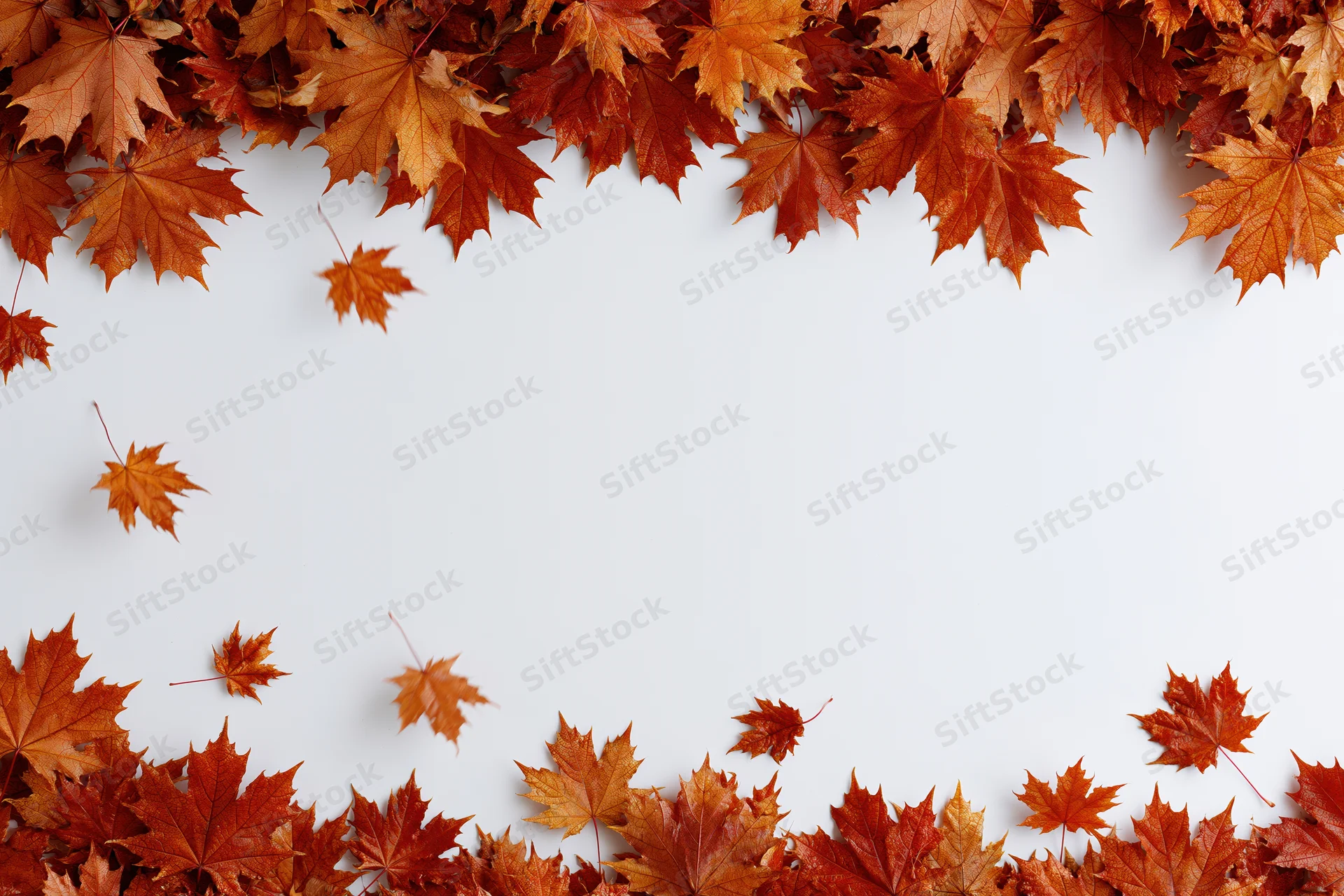 Autumn maple leaves arranged in a border frame on white background with copyspace