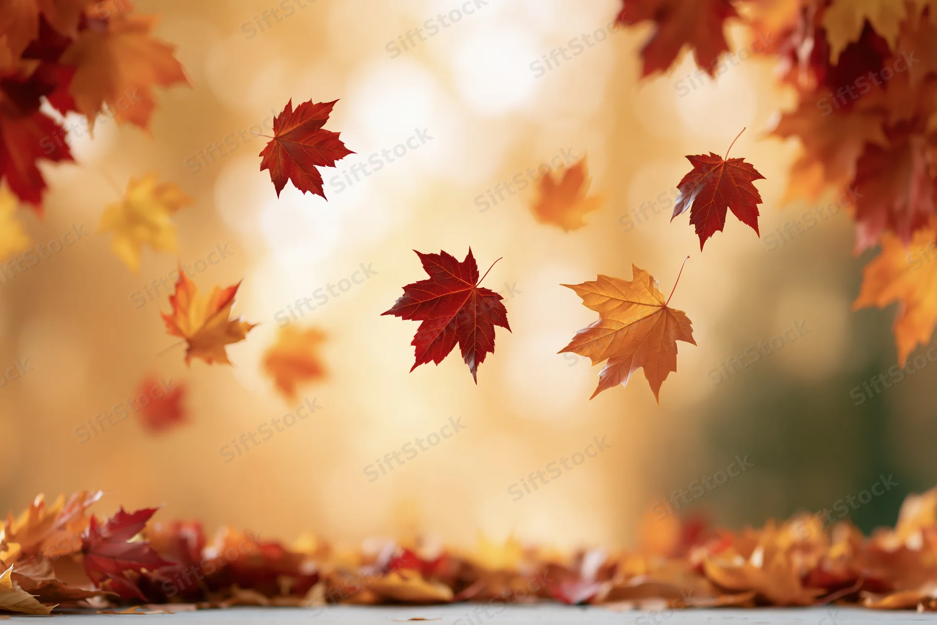 Maple leaves falling and framing edges of a wide horizontal scene with autumn foliage on ground below