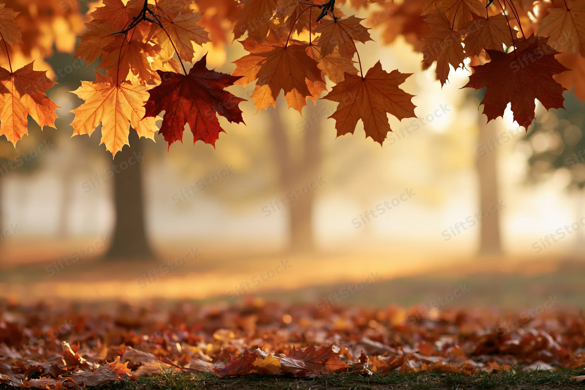 Autumn maple leaves hanging from branches framing the top of a park scene with fallen leaves covering the ground
