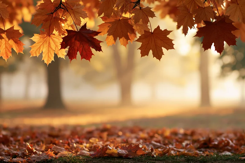 Autumn maple leaves hanging from branches framing the top of a park scene with fallen leaves covering the ground