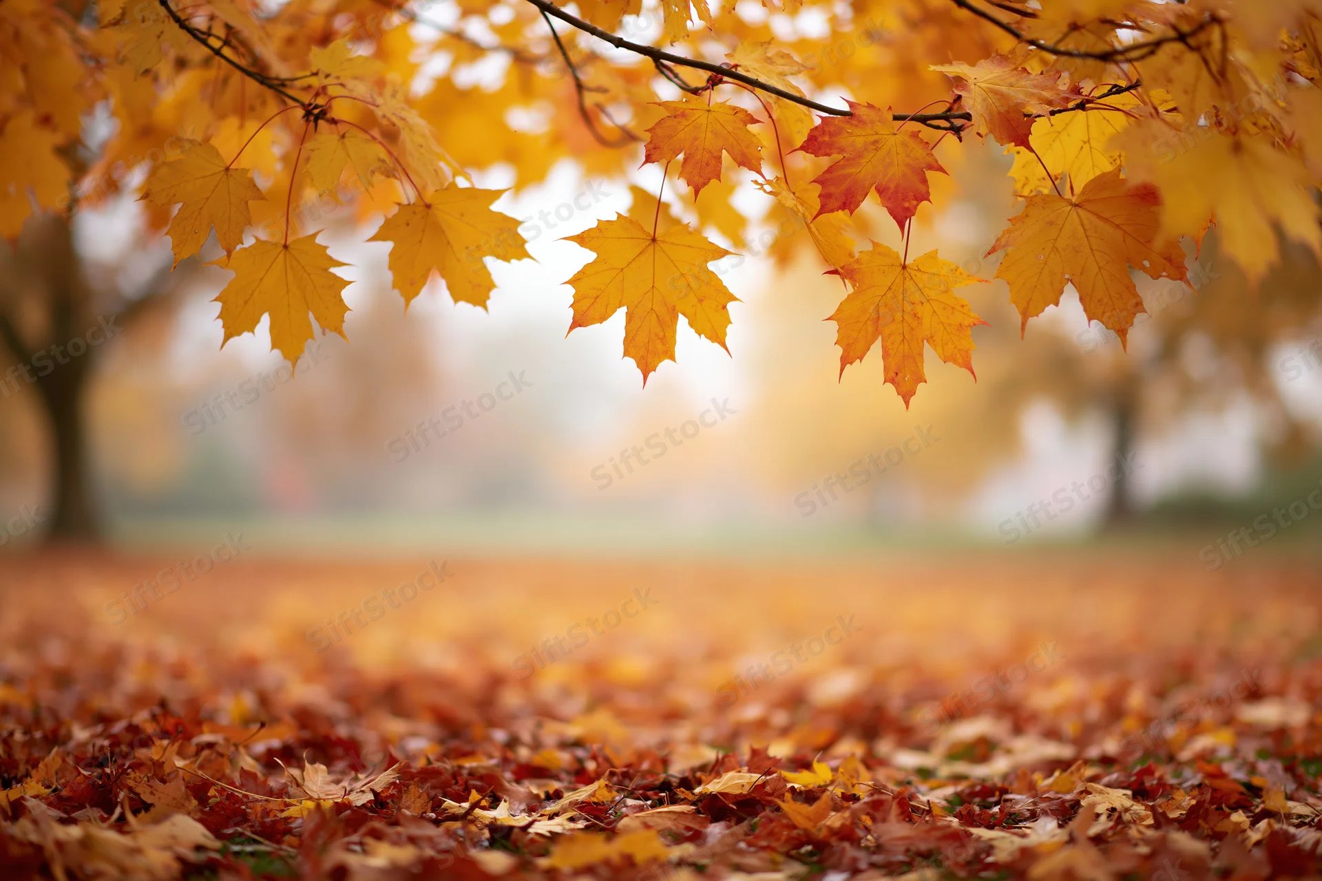Maple tree branches with yellow and orange leaves framing a carpet of fallen foliage in a park