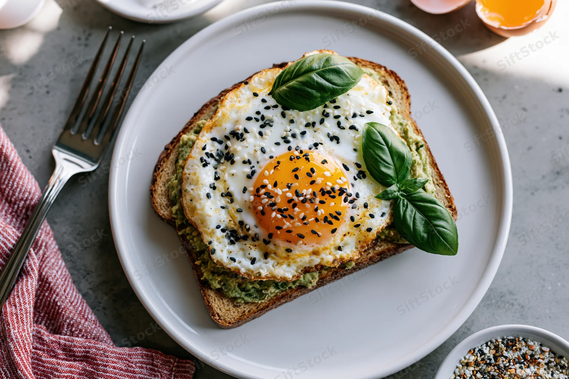 Avocado toast topped with sunny-side-up egg and sesame seeds on a white plate with basil garnish, set on a kitchen table with fork and napkin nearby