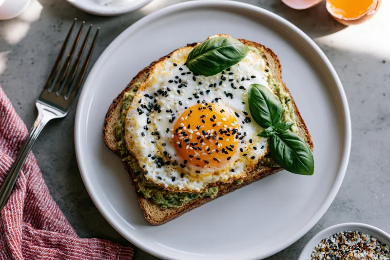 Avocado toast topped with sunny-side-up egg and sesame seeds on a white plate with basil garnish, set on a kitchen table with fork and napkin nearby