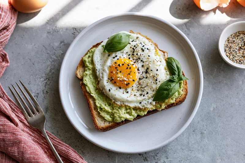 Avocado toast topped with sunny-side-up egg and basil on white plate with fork and napkin on gray surface