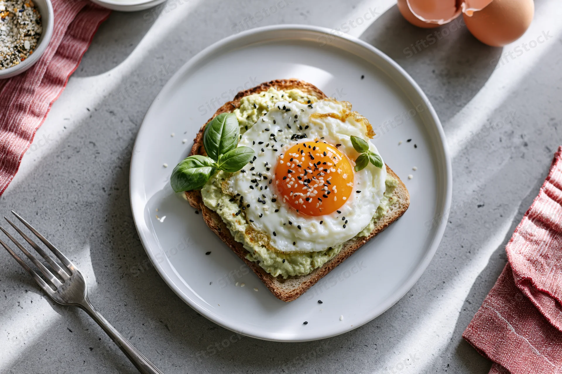 Avocado toast topped with sunny-side-up fried egg and sesame seeds on a white plate with basil garnish on a gray countertop