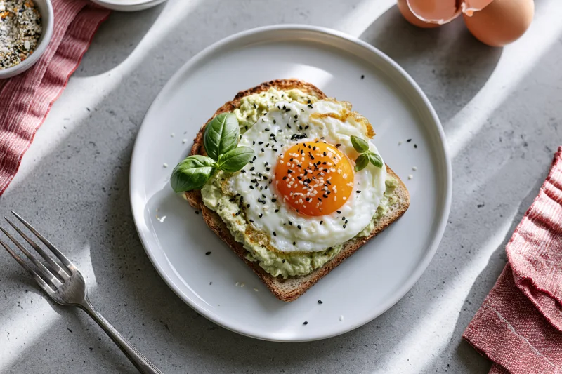 Avocado toast topped with sunny-side-up fried egg and sesame seeds on a white plate with basil garnish on a gray countertop