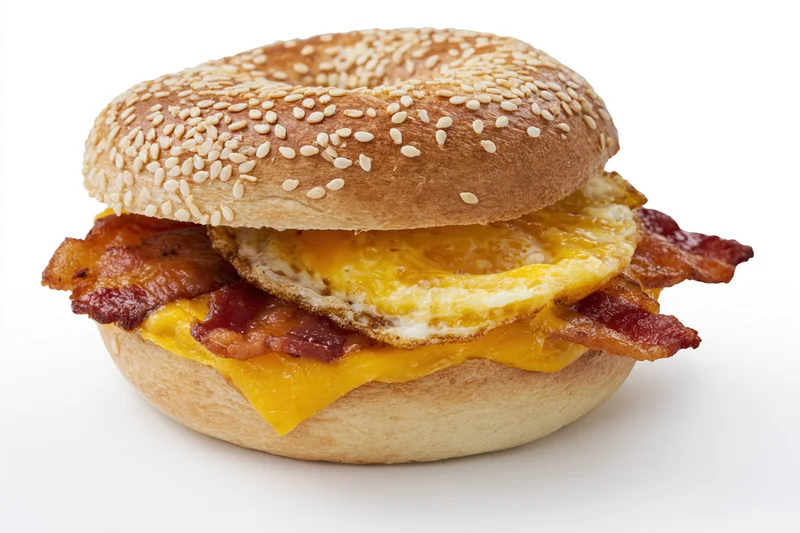 Bacon egg and cheese breakfast bagel sandwich on a plain white background