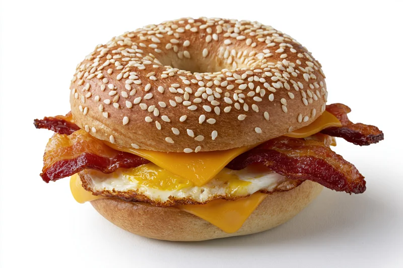 Bacon egg and cheese breakfast bagel sandwich on white background
