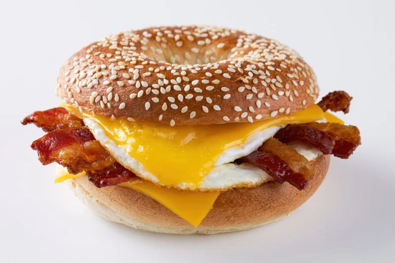 Bacon egg and cheese breakfast bagel sandwich on a plain white background