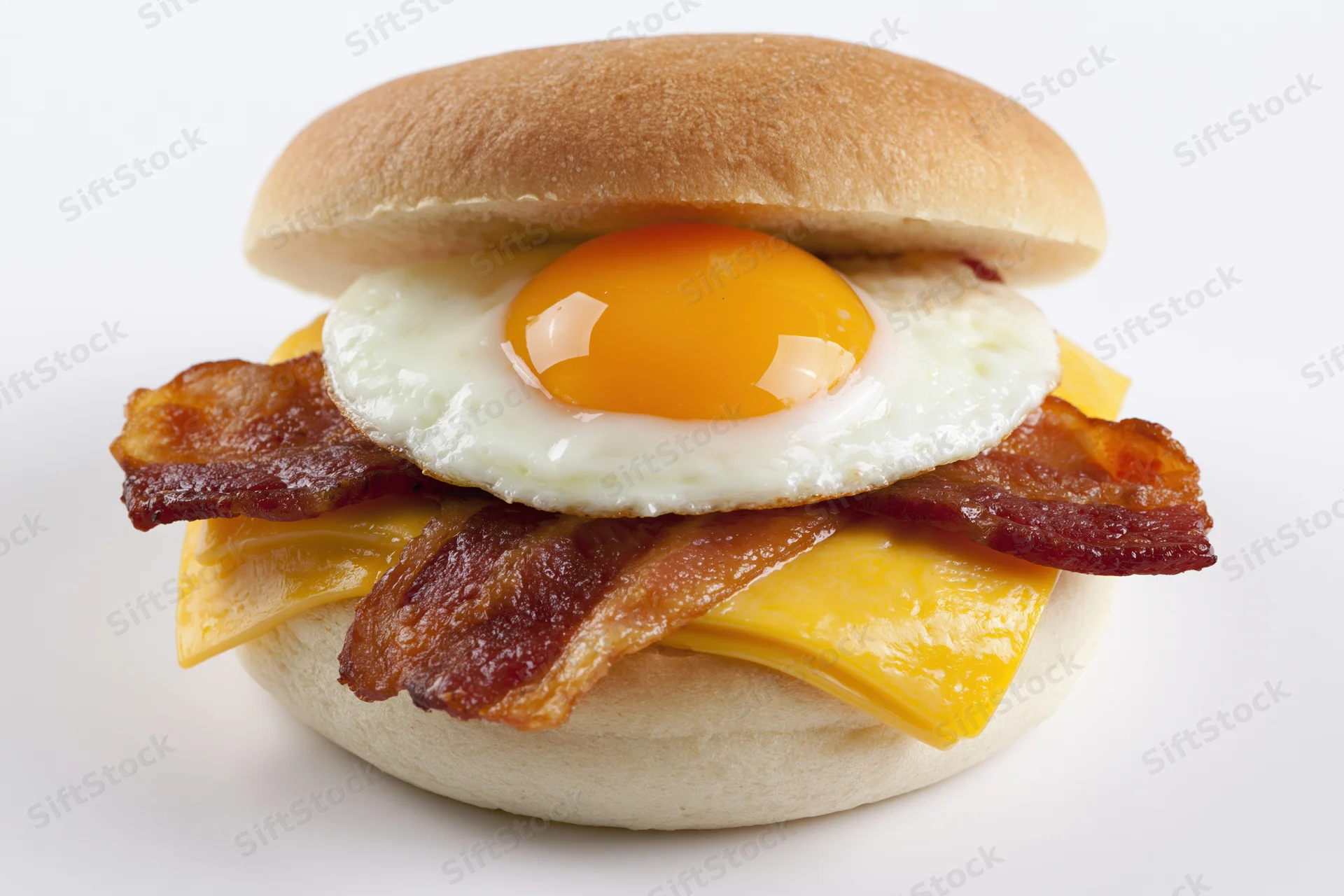 Bacon egg and cheese breakfast sandwich on a plain round bun with fried egg and crispy bacon layered on cheese inside the bun