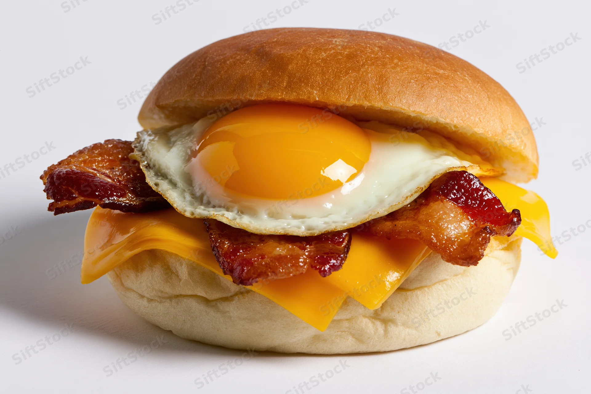 Bacon egg and cheese breakfast sandwich on a plain round bun with fried egg and melted cheese layered between crispy bacon strips