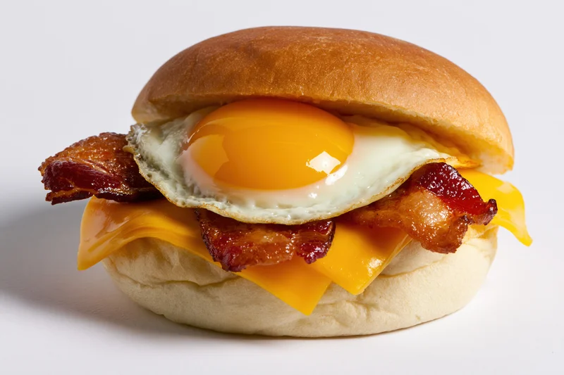 Bacon egg and cheese breakfast sandwich on a plain round bun with fried egg and melted cheese layered between crispy bacon strips