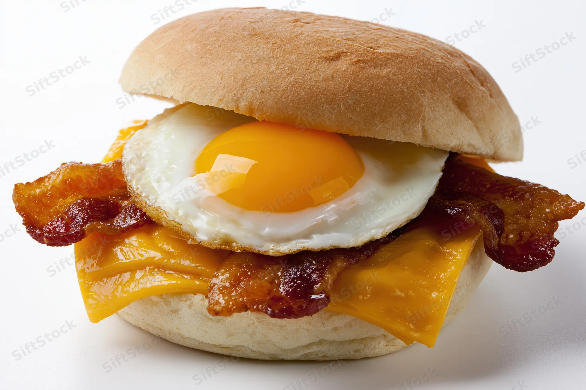 Bacon egg and cheese breakfast sandwich on a plain round bun with melted cheese and crispy bacon strips