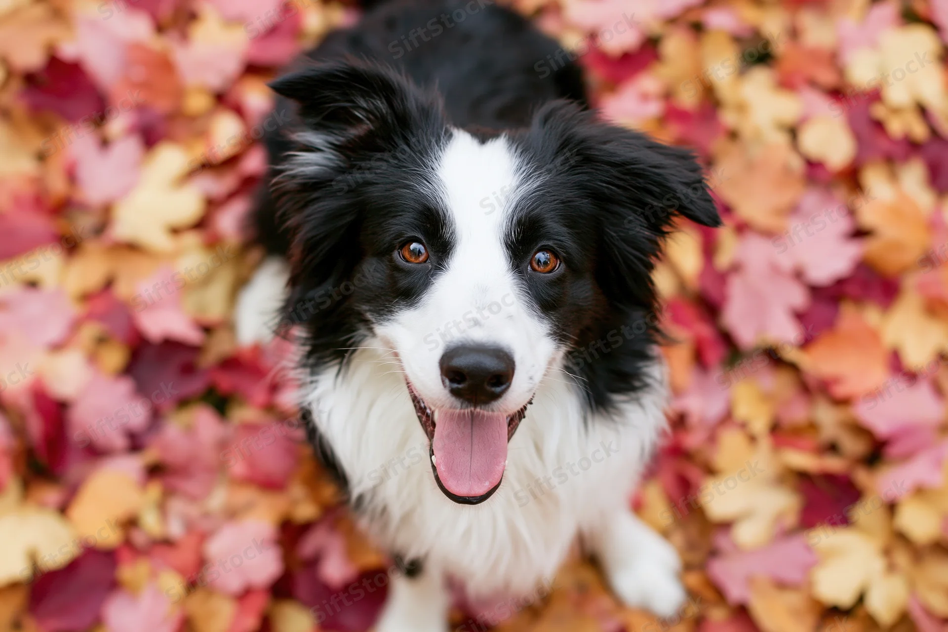 Black and white border collie sitting on ground covered in colorful autumn leaves with tongue out