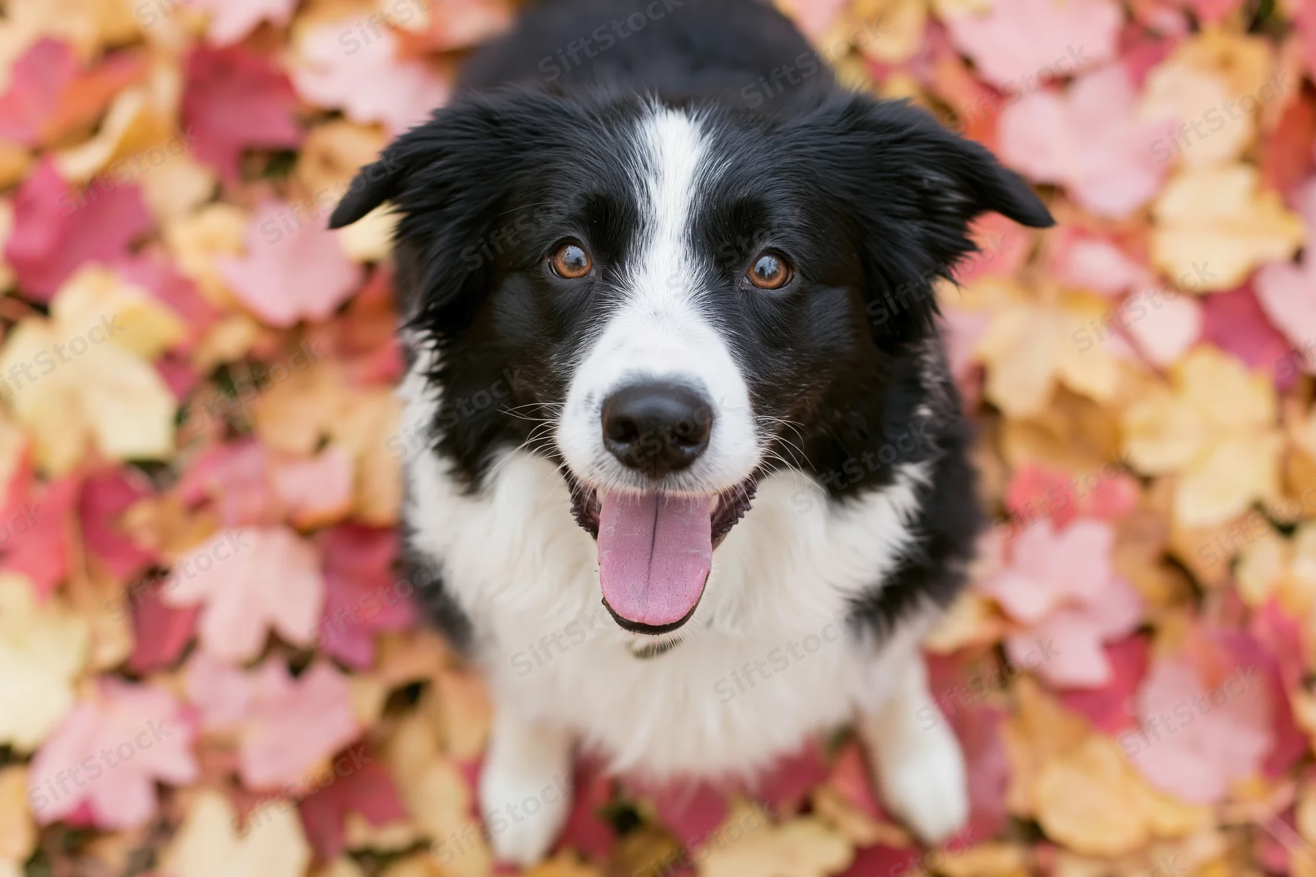 Black and white border collie puppy sitting on ground covered in colorful autumn leaves, tongue out, panting