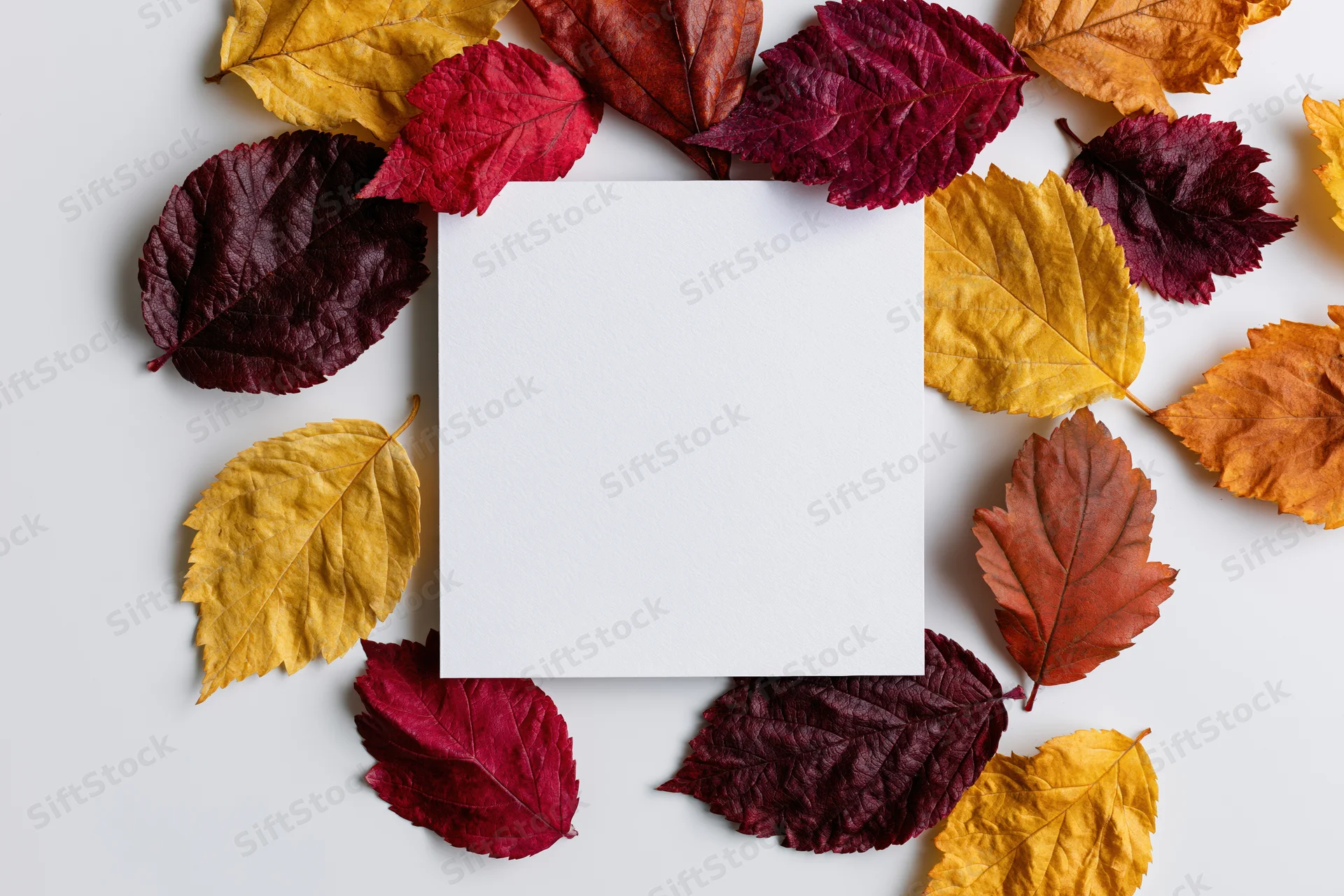 Blank white square card centered on a flat lay arrangement of colorful autumn leaves on a white surface