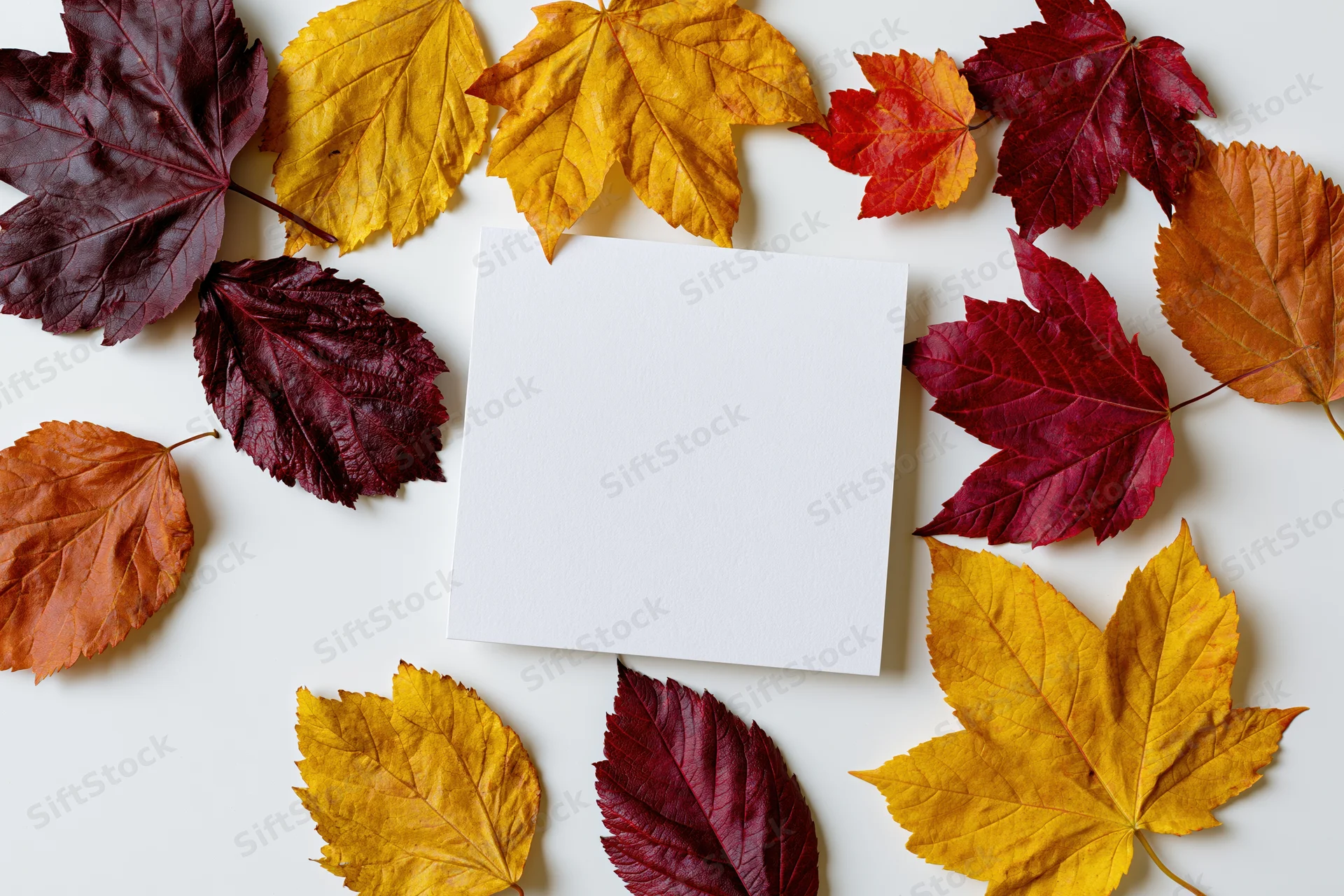 Blank white square card centered on a flat lay of colorful autumn maple leaves on white surface