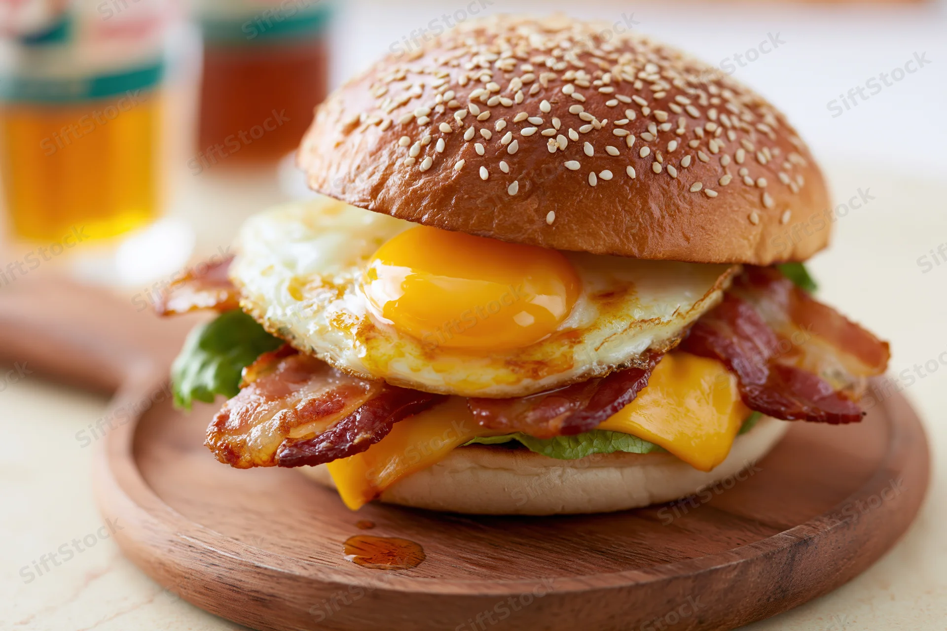 Breakfast burger with fried egg, crispy bacon, melted cheese, and lettuce on a sesame seed bun served on a wooden plate