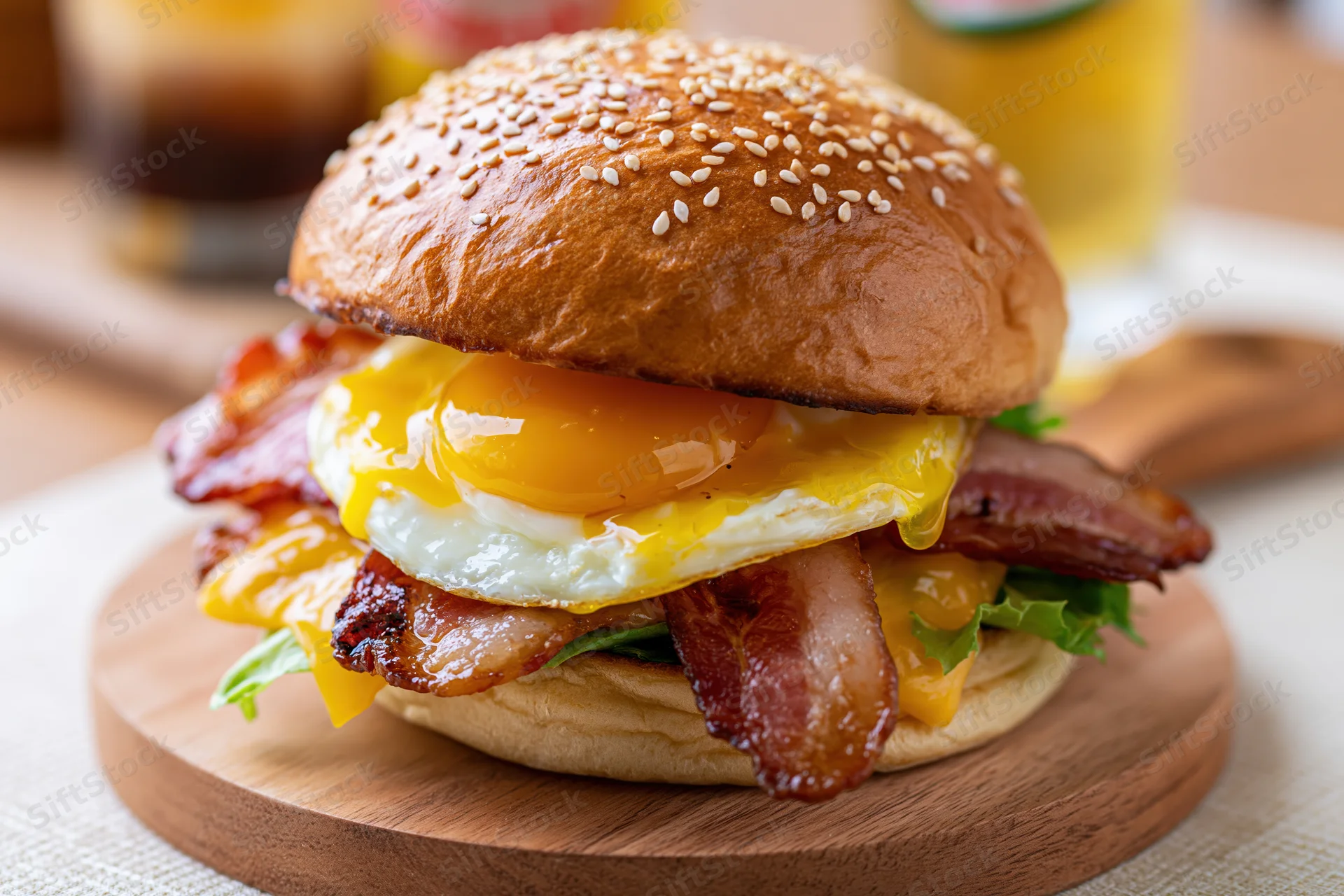 Breakfast burger with fried egg, crispy bacon, melted cheese, and lettuce on a sesame seed bun served on a wooden plate