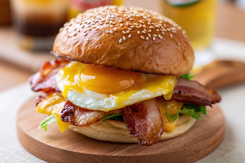 Breakfast burger with fried egg, crispy bacon, melted cheese, and lettuce on a sesame seed bun served on a wooden plate