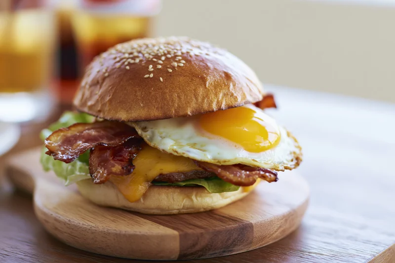 Breakfast burger with fried egg, crispy bacon, melted cheese and lettuce on a sesame seed bun served on a wooden board