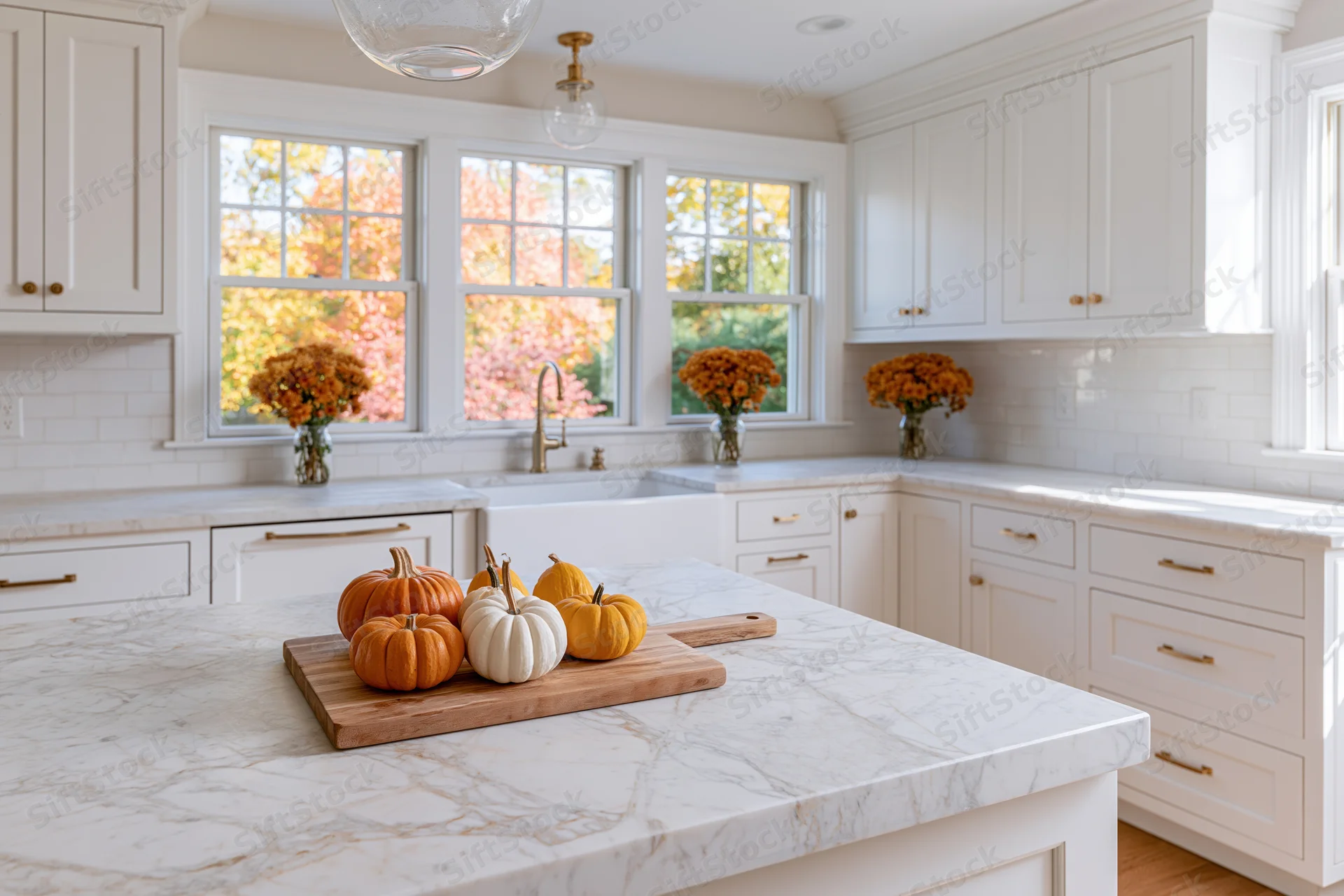 White farmhouse kitchen with marble island holding pumpkins and autumn decor near windows with fall foliage view