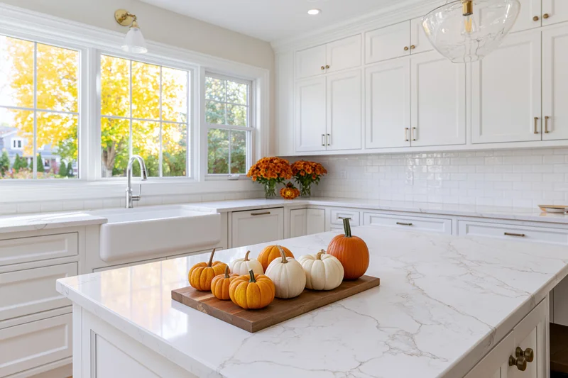 White farmhouse kitchen with marble island holding pumpkins and gourds for autumn decor