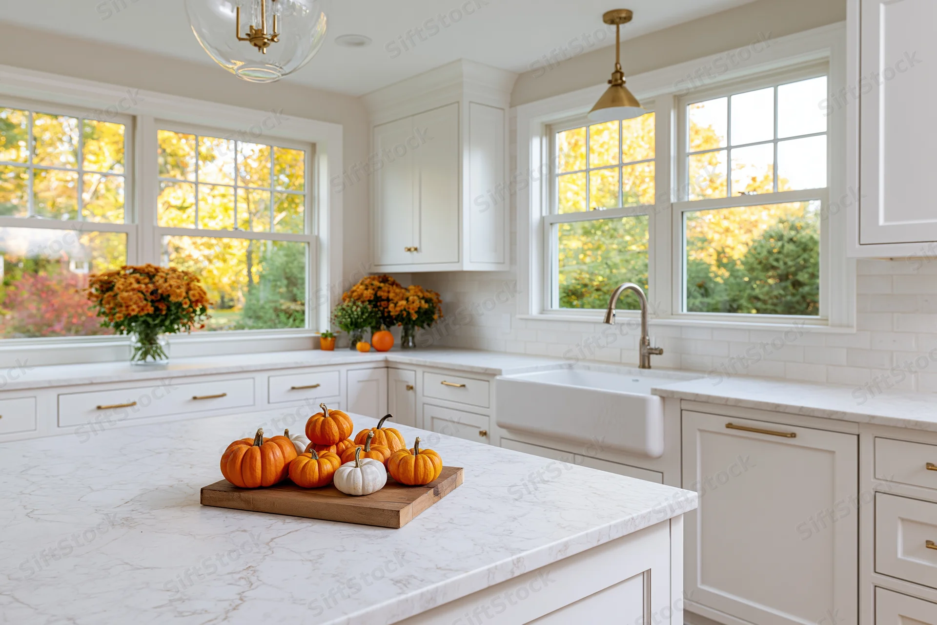 White farmhouse kitchen with marble island holding pumpkins and floral arrangements near windows with autumn foliage view