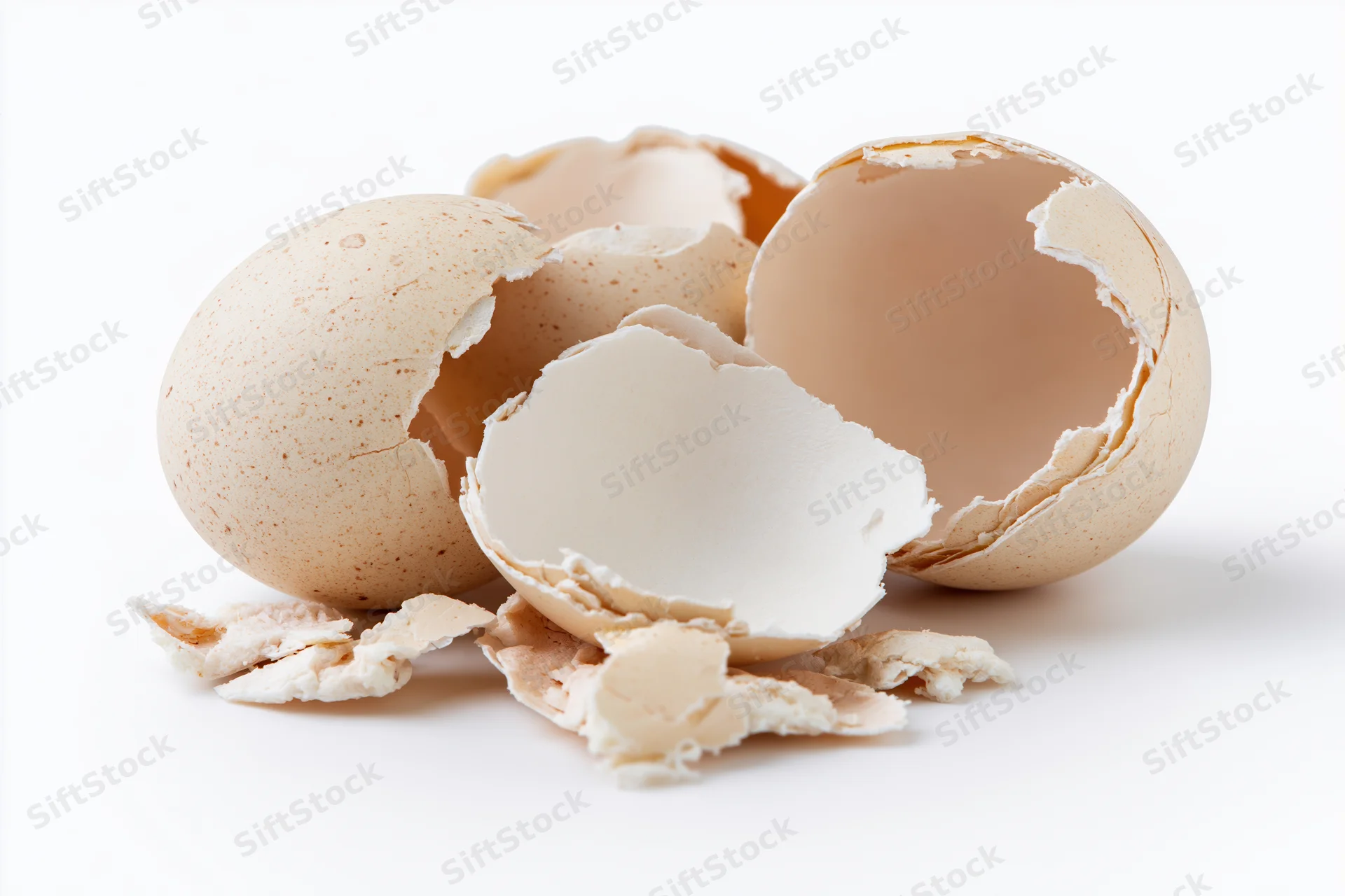 Broken chicken eggshell split into jagged pieces on white background