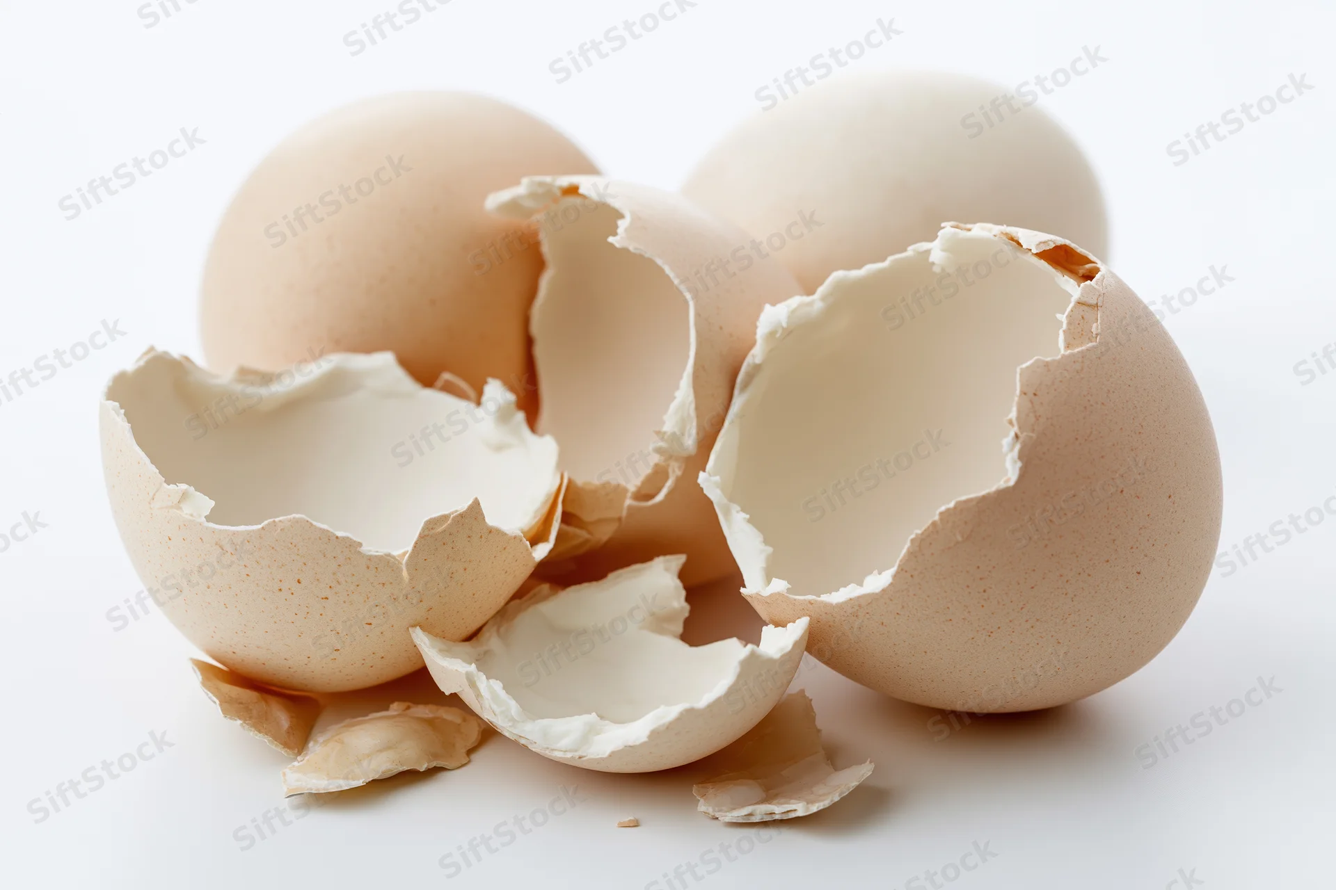 Broken chicken eggshell split into jagged pieces arranged on white surface