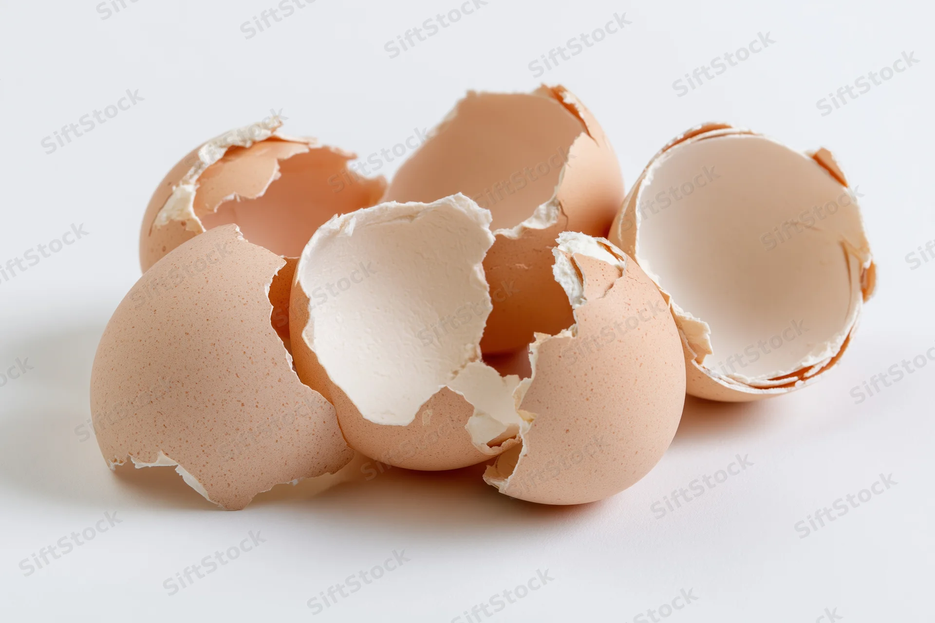 Broken chicken eggshell split into jagged pieces arranged on white surface