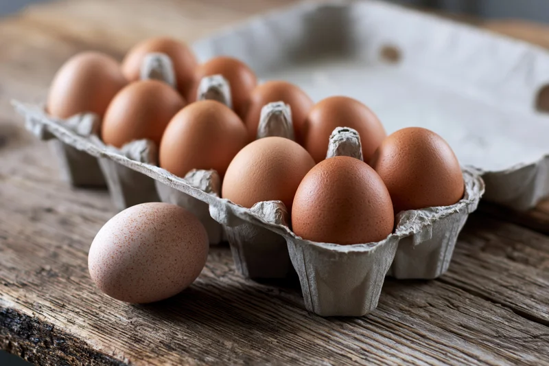 Brown chicken eggs arranged in an open cardboard carton on a wooden table