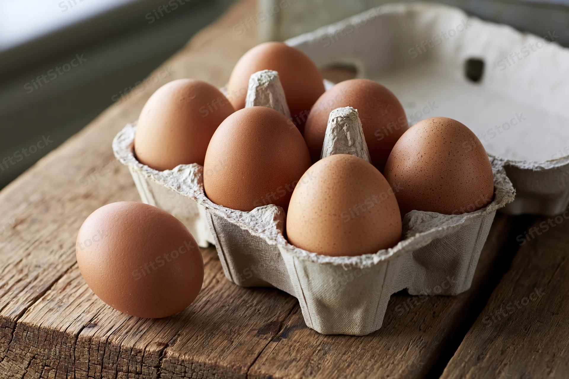 Brown chicken eggs in an open cardboard carton on a wooden table