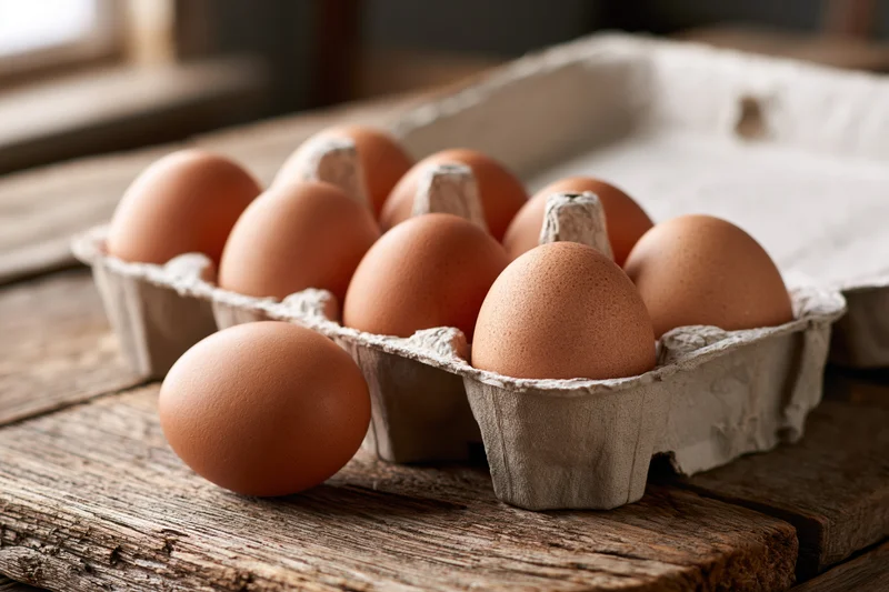 Brown chicken eggs in an open cardboard carton on a rustic wooden table