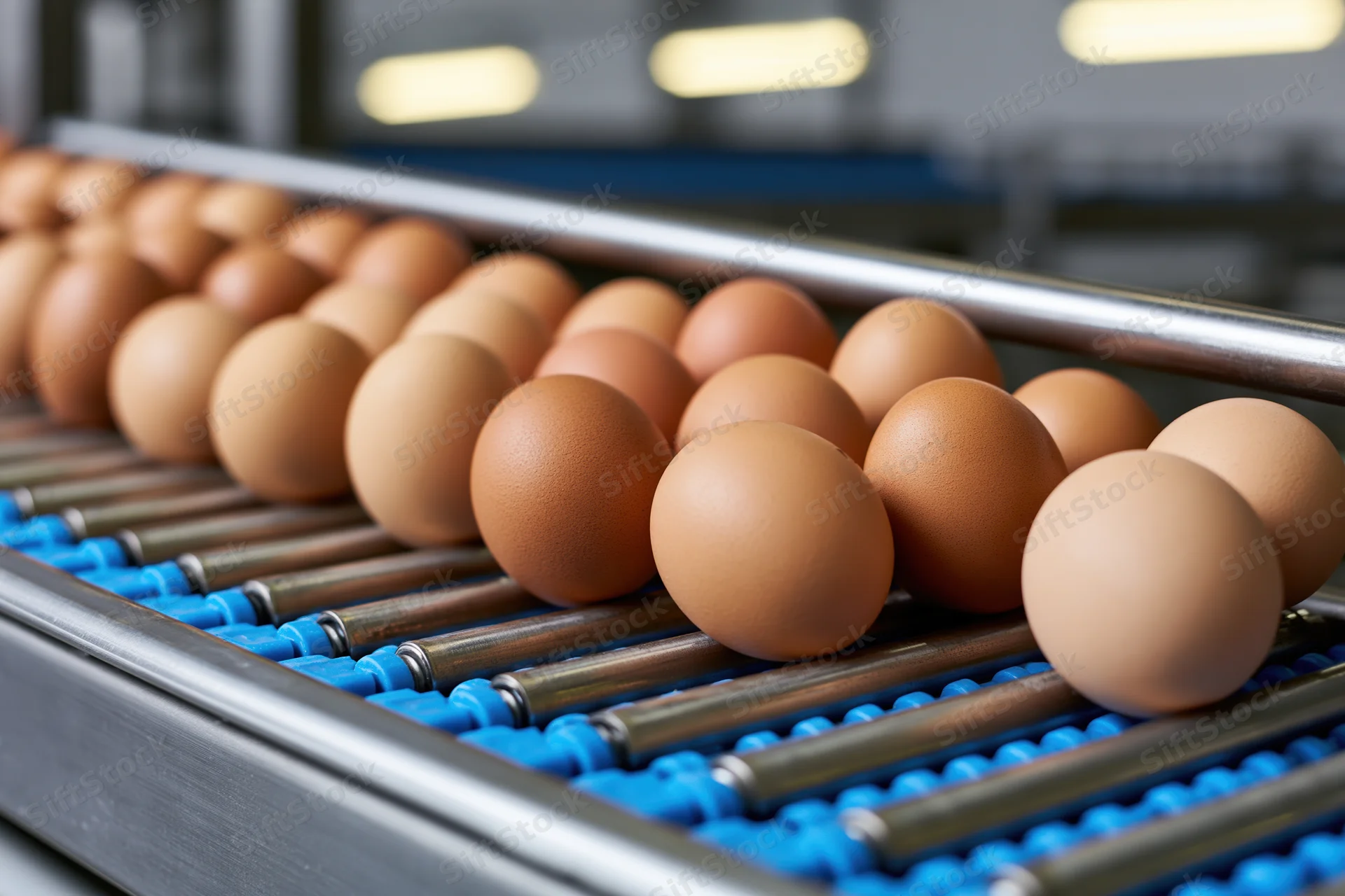 Brown eggs moving along a stainless steel and blue conveyor belt in a food processing facility