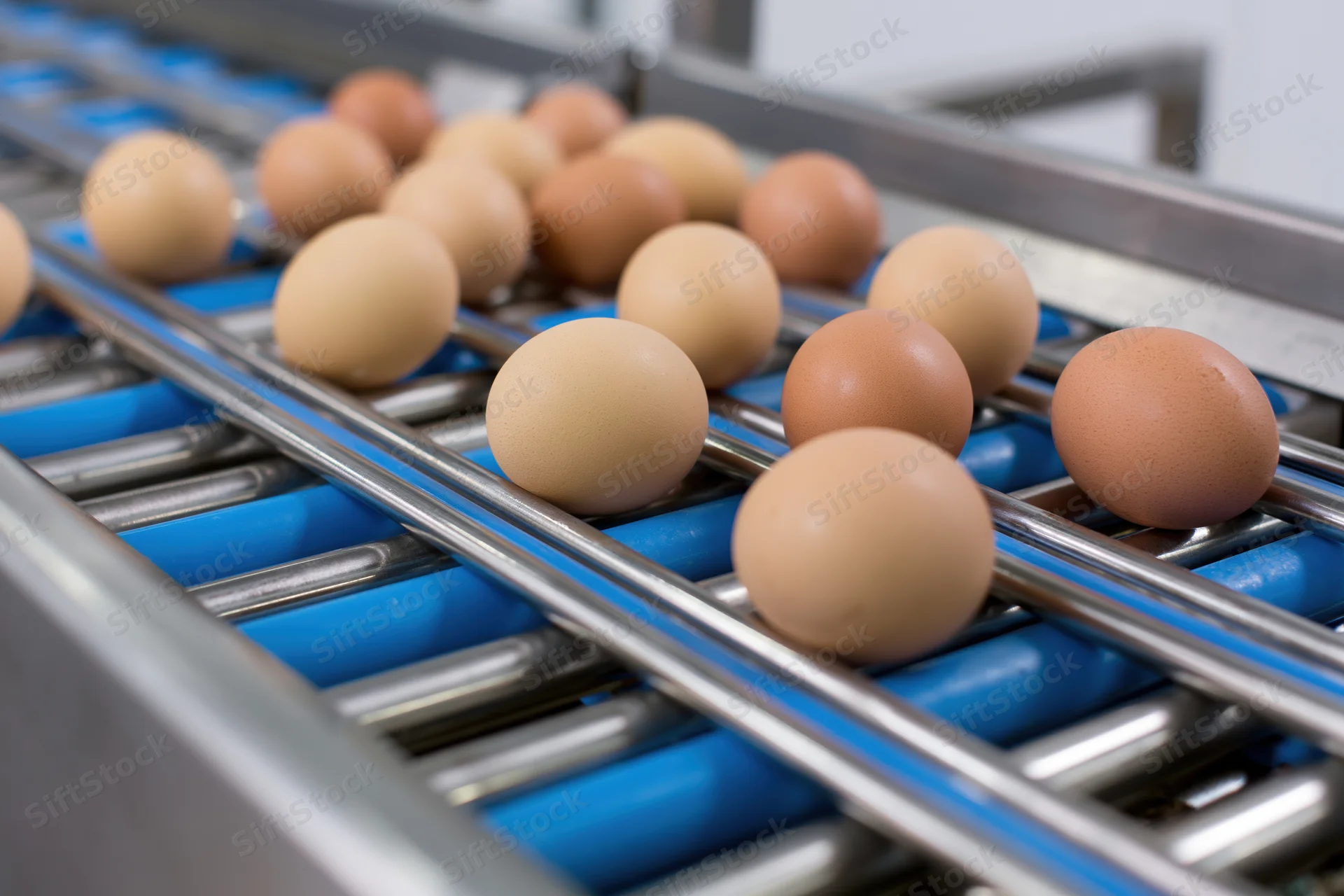 Brown eggs moving along a stainless steel and blue conveyor belt in a food processing facility