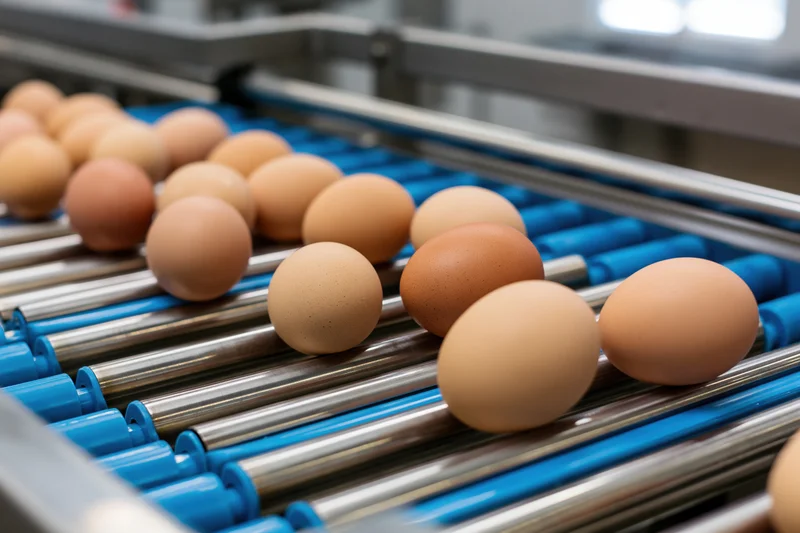 Brown eggs moving along stainless steel and blue conveyor rollers in a food processing facility