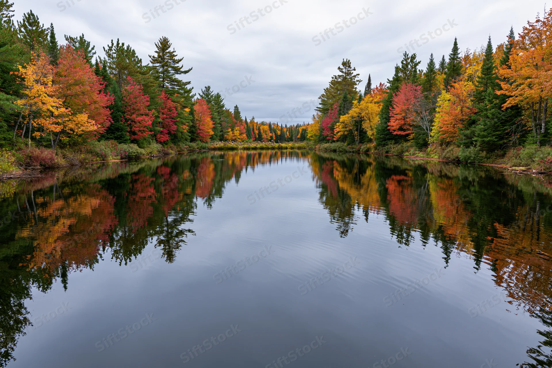 Calm river reflecting autumn foliage along forested banks