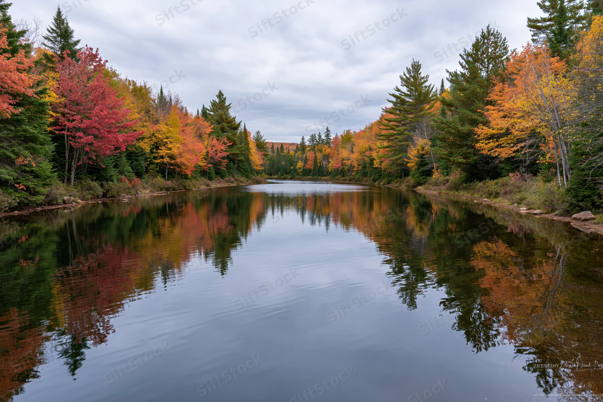 Calm narrow river reflecting autumn foliage along forested banks