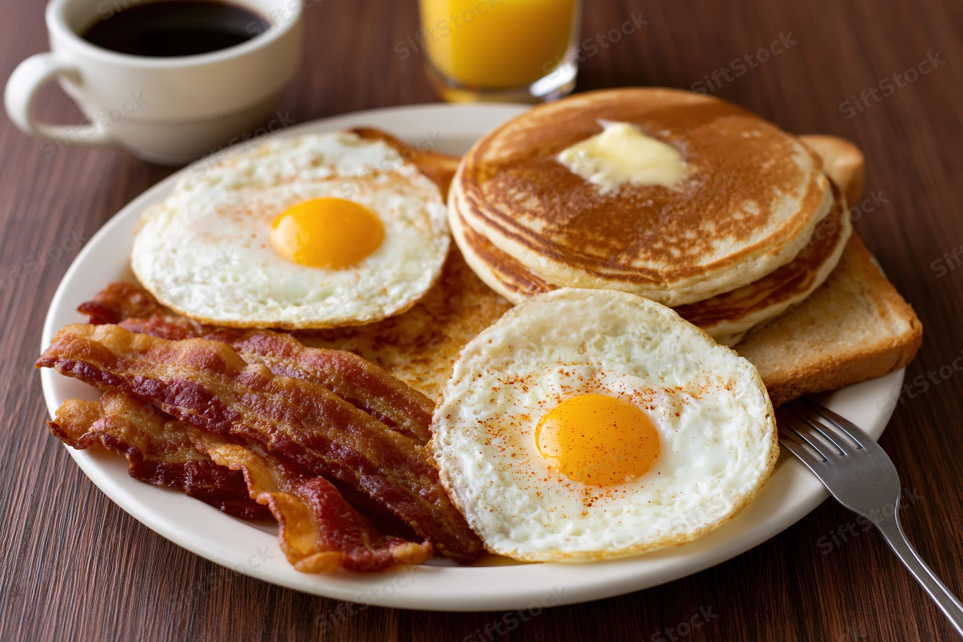 Classic american diner breakfast plate with fried eggs, bacon, pancakes, toast, coffee and orange juice on dark wooden table