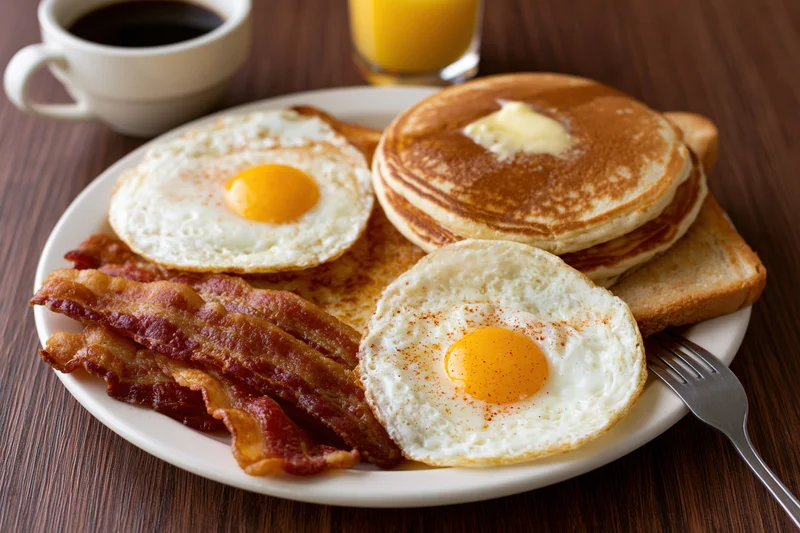 Classic american diner breakfast plate with fried eggs, bacon, pancakes, toast, coffee and orange juice on dark wooden table