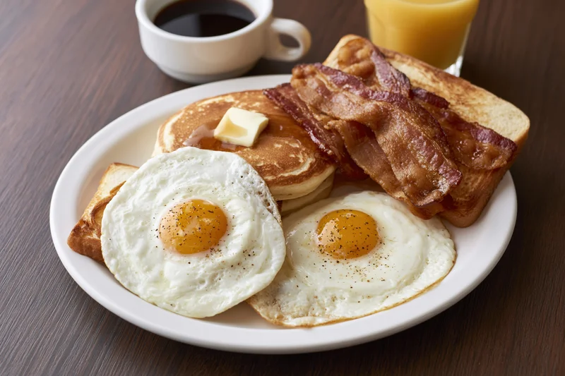 Classic american diner breakfast plate with eggs bacon pancakes toast coffee and orange juice on dark wood table
